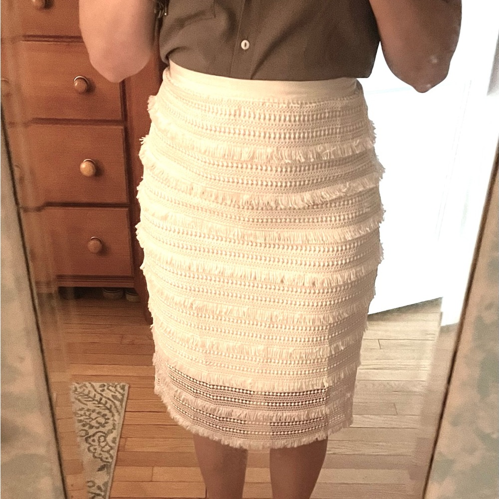 White House Black Market white fringe pencil skirt